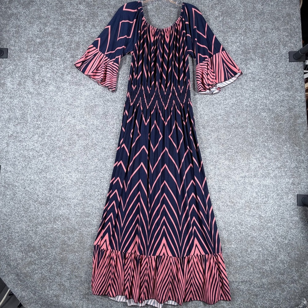 Ace Everson Maxi Dress Women 2X Blue Pink Geometric Round Neck Bell Sleeve